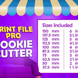 Może przedstawiać: Grafika w kolorze fioletowym i ż&oacute;łtym z tekstem "PRINT FILE PRO COOKIE CUTTER" oraz tabelą podającą rozmiary w milimetrach i calach. Rozmiary wahają się od 37,5 mm do 150 mm i od 1 1/2 cala do 6 cali.