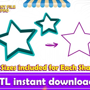 May include: An image showcasing star-shaped cookie cutters in teal and purple. The text reads "10 Sizes included for Each Shape" and "STL instant download". The Print File Pro logo is in the top left corner.