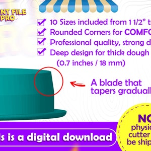 May include: A digital download for a set of 10 cookie cutters. The cutters are teal blue and have rounded corners. The cutters are designed for thick dough and have a blade that tapers gradually. The text "PRINT FILE PRO" is in the top left corner of the image. The text "This is a digital download" is in the bottom left corner of the image. The text "NO physical cutter will be shipped" is in the bottom right corner of the image.