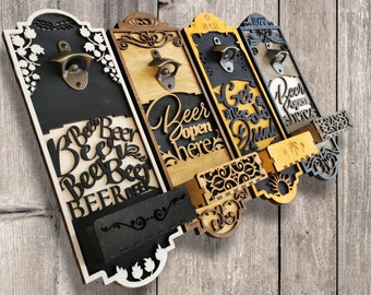 May include: Four wooden bottle openers with different designs and sayings. The first one says "Beer Beer Beer Beer", the second one says "Beer Open Here", the third one says "Get in the Cold Drink", and the fourth one says "Beer Open Here".