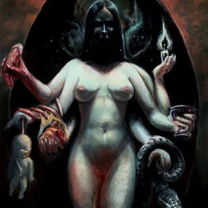 May include: A dark digital painting of a multi-armed figure with pale skin and long black hair. The figure holds a small doll, a burning heart, a lit candle, a goblet of dark liquid, and a piece of raw meat, with a large snake coiled around.
