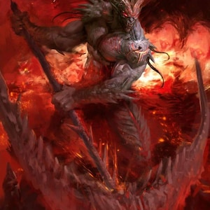 May include: A digital illustration of a muscular, grey-skinned demon with large curved horns and glowing red eyes. The creature holds a long, dark staff while standing amidst a swirling, fiery red and orange background with embers.