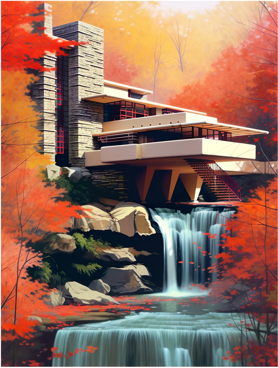 Frank Lloyd Wright 落水荘絵画 プリント - 落水荘 フランク・ロイド・ライト 建築図面 - フアン