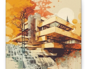 May include: An artistic print of a modern building with a waterfall, trees, and an orange and yellow sky. The building has a layered design with large windows. The artwork is on a canvas.