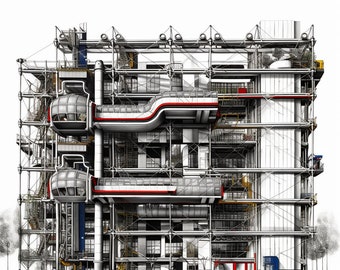 May include: A detailed black and white illustration of a multi-level building with a complex steel framework. The building has a series of walkways and platforms connected by a series of ramps and stairs. The building is designed in a modern architectural style.