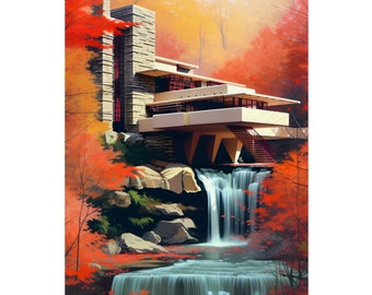 落水荘、フランク・ロイド・ライト邸、クレム・ダヴィンチ水彩画