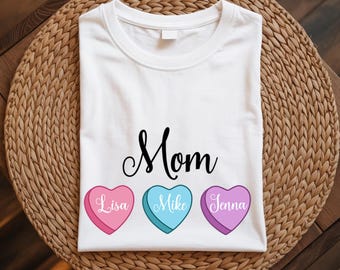 Personalized Mom Shirt Candy Hearts Tee Custom Kids Names Shirt Valentine Gift for Mom Mama Valentines Day Family Shirt