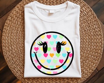 Smiley Face Shirt Distressed Smiley Tee Valentine Hearts Smile Graphic T-Shirt Cute Love Shirt Gift for Her Him