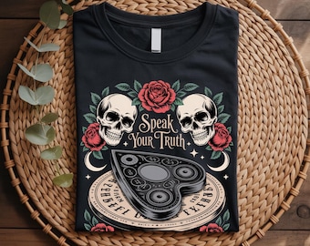 Gothic Witchy T-Shirt, Occult Moon Star Tee, Witchcraft Clothing, Vintage Black and White Graphic Tee, Ouija Board Planchette Shirt