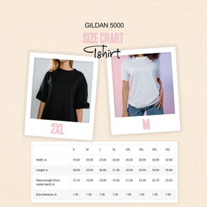May include: A size chart for Gildan 5000 T-shirts. The chart includes measurements for width, length, and sleeve length in inches, ranging from size S to 5XL. The image also shows a black and a white T-shirt, with sizes 2XL and M.