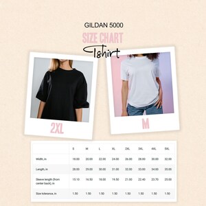 May include: A size chart for a Gildan 5000 t-shirt, with measurements in inches. The chart includes sizes S through 5XL, with details on width, length, sleeve length, and size tolerance. Two t-shirts are shown, one black and one white.