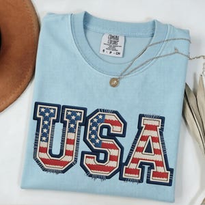 May include: A light blue t-shirt with the word "USA" embroidered on the front in red, white, and blue. The shirt has a crew neck and short sleeves. A silver necklace with a small pendant is draped across the shirt.