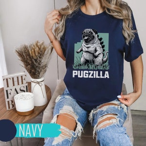 Close-up of Pugzilla dog t-shirt design, funny custom gift for pet lovers