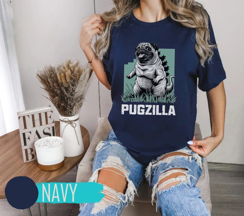 Close-up of Pugzilla dog t-shirt design, funny custom gift for pet lovers