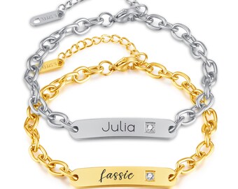 Custom Name Bar Bracelet - Personalized Stainless Steel Cubic Zirconia Inlaid Bracelet, Laser Engraved Text Unique Gift