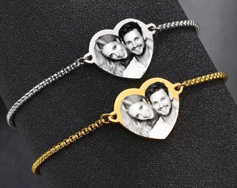 Custom Heart Photo Bracelet  Photo Bracelet Stainless Steel Heart Bracelet Laser Engraved Picture  Text