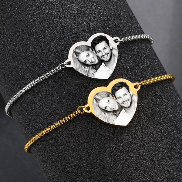 Bracciale con foto a cuore personalizzato Bracciale con foto Bracciale a cuore in acciaio inossidabile Testo con immagine incisa al laser