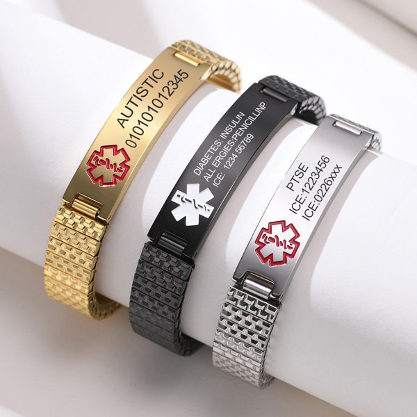 Bracelets d'identité et médicaux personnalisés, bracelets d'alerte médicale gravés pour identité/ICE
