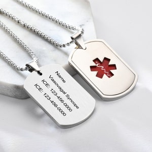 Personalized Medical Alert ID Necklace, Engraved ID/ICE Medical Alert Dog Tag Pendant Necklace