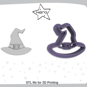 May include: Two 3D printed witch hat cookie cutters, one in gray and one in purple. The cutters are designed for making Halloween cookies.