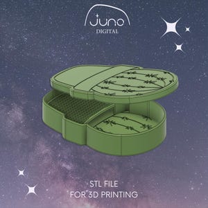 Könnte beinhalten: Eine grüne 3D-gedruckte Box mit einem Deckel, der sich öffnet und einen gemusterten Innenraum zeigt. Die Box ist so konzipiert, dass sie wie ein Kaktus aussieht. Der Text "STL FILE FOR 3D PRINTING" ist unter dem Bild gedruckt.