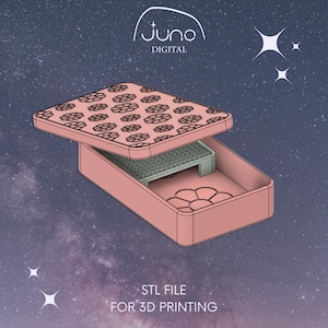 Puede incluir: Una caja rosa impresa en 3D con un diseño floral en la tapa. La caja está abierta y el interior es visible. La caja está diseñada para la impresión 3D. ARCHIVO STL PARA IMPRESIÓN 3D.