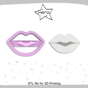 Peut inclure: Deux fichiers STL imprimés en 3D pour un emporte-pièce en forme de lèvres. L'un est rose et l'autre est gris.