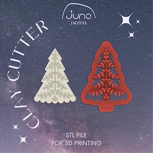 Puede incluir: Un archivo STL descargable digitalmente para la impresión 3D de un cortador de arcilla de árbol de Navidad. La imagen muestra un contorno blanco del cortador y una versión roja rellena del cortador. El texto "CLAY CUTTER" está escrito verticalmente en el lado izquierdo de la imagen. El texto "STL FILE FOR 3D PRINTING" está escrito en la parte inferior central de la imagen.