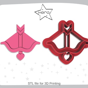 May include: Two 3D printed STL files for a bow and arrow design. The bow is red and the arrow is pink. The arrow has a heart at the end.
