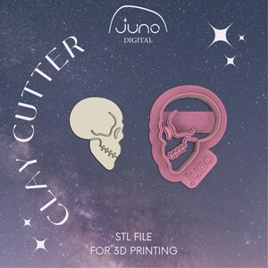 May include: A 3D printable STL file for a skull-shaped clay cutter. The cutter is pink and has the word "Juno" on the side. The image also shows a white 3D model of the cutter.