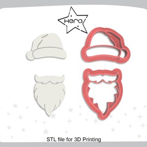 May include: A set of four 3D printable STL files for a Santa Claus cookie cutter. The set includes a hat, beard, and two different styles of Santa hats.