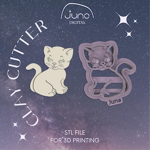 Può includere: Due stampini per biscotti a forma di gatto stampati in 3D, uno bianco e uno grigio, con il testo "CLAY CUTTER" e "STL FILE FOR 3D PRINTING" su uno sfondo viola con stelle.