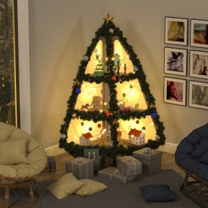 Albero di Natale angolare fai da te, espositore per feste in legno illuminato a più livelli, file di taglio CNC e guida alla produzione (prodotto digitale)
