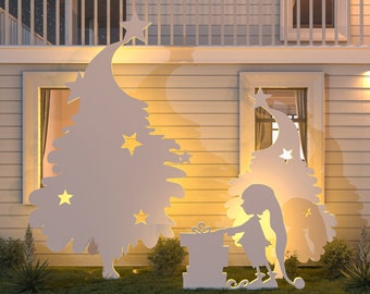 Siluetas navideñas de bricolaje, decoraciones de jardín - Elfo con árboles / Archivos CNC (corte por láser) y plantillas imprimibles A4