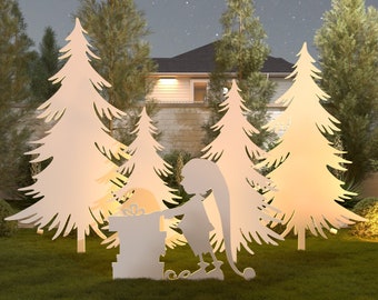 Silhouettes de Noël à faire soi-même, décoration de jardin - Arbres de Noël avec elfe | Fichiers CNC (découpes au laser) et modèles d'impression A4