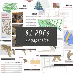 May include: A set of 81 architectural design PDFs, A4 paper size, featuring construction details, interior layouts, and step-by-step plans. The image includes diagrams and technical drawings with the text "81 PDFs".
