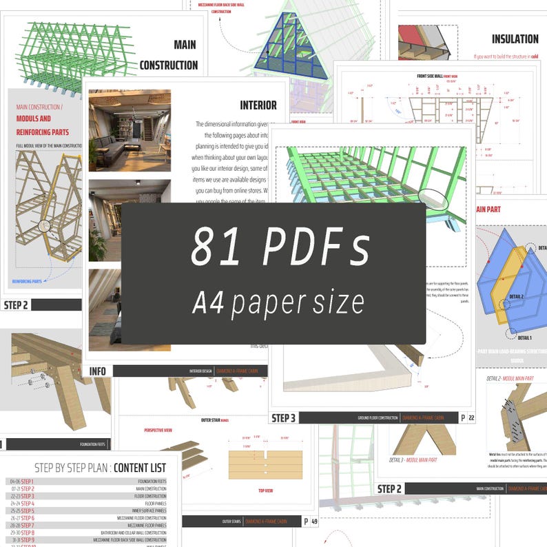May include: A set of 81 architectural design PDFs, A4 paper size, featuring construction details, interior layouts, and step-by-step plans. The image includes diagrams and technical drawings with the text "81 PDFs".