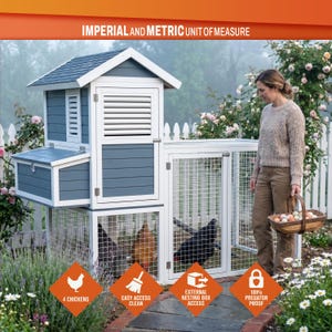 Puede incluir: Un gallinero de madera azul y blanco con techo a dos aguas, rejillas de ventilación y un corral de malla metálica. La estructura cuenta con un nido externo, una puerta abatible y cuatro iconos naranjas que dicen 4 CHICKENS, EASY ACCESS CLEAN, EXTERNAL NESTING BOX ACCESS y 100% PREDATOR PROOF.