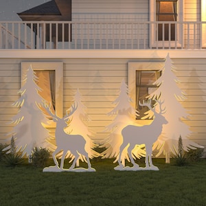 Decorazioni natalizie fai da te per il giardino, sagome di renne e pini, file CNC e modelli stampabili