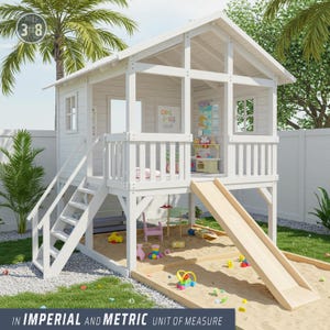 May include: A white wooden playhouse with a slide, stairs, and a sandbox area. The playhouse has windows, a railing, and a sign that reads "Cool Kids Club." Toys are scattered around the sandbox. Ages 3 to 8.