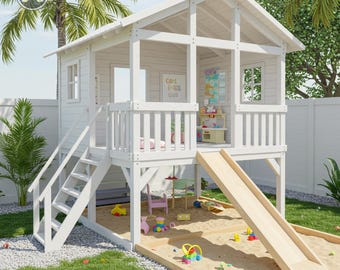 Backyard Wooden Playhouse Plans Elevated Design With Slide