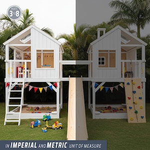 May include: A white wooden playhouse with two connected structures, a slide, and a climbing wall. The playhouse features windows, a ladder, and colourful bunting. The image includes the text "AGES 3 to 8" and "IN IMPERIAL AND METRIC UNIT OF MEASURE".