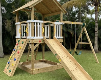 Wooden Playground Plans - Elevated Design with Swing Set and Climbing Wall: Blueprints & Instructions (PDF)
