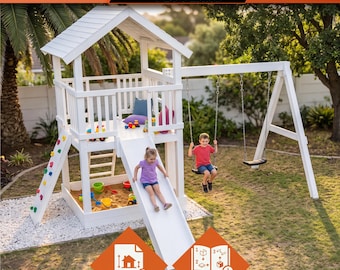 DIY Elevated Outdoor Playhouse Plans | Build a Tower Playhouse with Slide, Swing Set and Climbing Wall | Blueprints & Instructions (PDF)