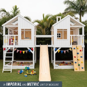 Backyard Twin Playhouse Plans for Kids – Elevated Wooden Towers with Slide & Bridge - DIY Blueprints