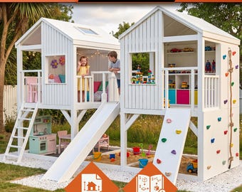 DIY Elevated Outdoor Playhouse Plan | Build a Wooden Twin Playhouse with Slide and Climbing Wall Using These Blueprints & Instructions (PDF)