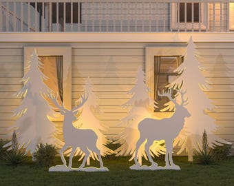 DIY-kerstdecoratie buiten: rendieren en feestelijke boomsilhouetten: afdrukbare sjablonen en CNC-uitsnede