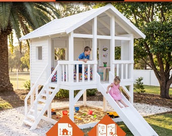 DIY Elevated Outdoor Playhouse Plans | Build a Wooden Playhouse with Slide and Sandbox for Kids Using These Blueprints & Instructions (PDF)