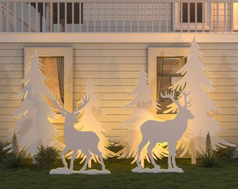 DIY Christmas Silhouettes, Garden Decor - Christmas Trees With Deers | CNC (Lazer Cut) Files & A4 Print Templates