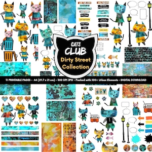 Könnte beinhalten: Ein digitaler Download der "Cats Club Dirty Street Collection" mit Katzenillustrationen, Sprechblasen und urbanen Elementen. Die Sammlung umfasst 11 druckbare Seiten, jeweils im Format A4 (29,7 x 21 cm).